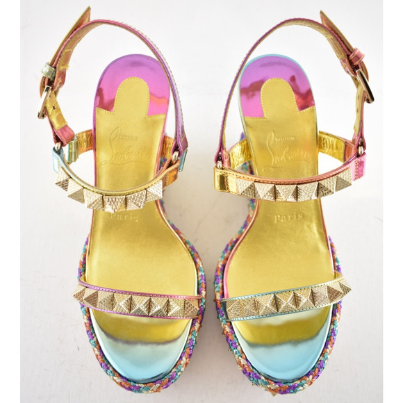 Christian Louboutin Pyraclou 110 Boreal Gold Multi Platform Wedge Sandal Heel 36 - Picture 9 of 15